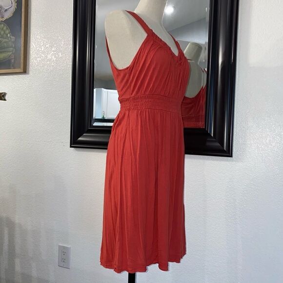 Calvin Klein Jeans Women's Orange Ruched Dress V-Neck Sleeveless Size Small - Picture 2 of 13